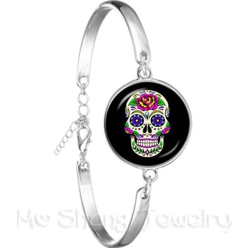 Pinkycolor Skeleton Bracelet 18mm Glass Dome Time Gem Silver Plated Personalized Jewelry Day of the Dead Chain Bangle
