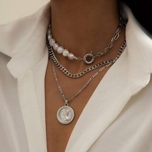 Fashion Chunky Chain Portrait Necklaces Gold Silver Color Multi-layer Pendant Coin Chain Choker Necklace For Women Retro Jewelry