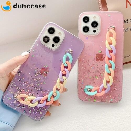 For IPhone 11 12 Pro Max Gradient Glitter Rainbow Wrist Chain Phone Case 12 Mini XS Max X XR 8 7 Plus Clear Soft Epoxy Back Capa