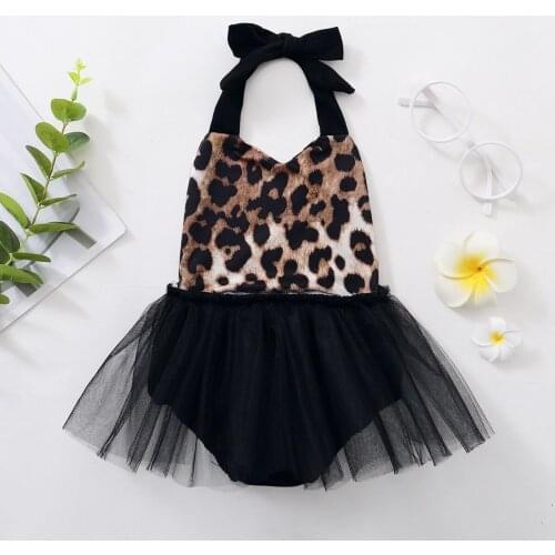 FOCUSNORM 0-18M Lovely Infant Baby Girls Romper Dress Leopard Printed Lace Patchwork Sleeveless Belt Backless Tutu Dress