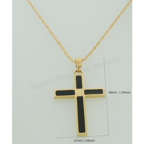 FoRomance YELLOW GOLD GP 18INCH WATER WAVE NECKLACE & JESUS CROSS SYMBOL WITH BLACK ENAMEL PENDANT/Great Money Maker