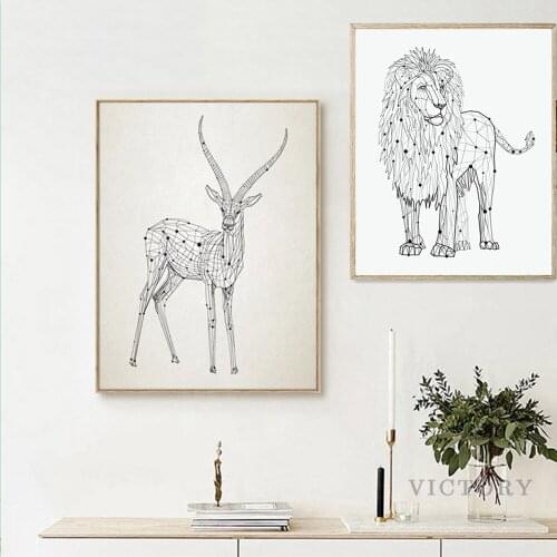 Geometric Animals Deer Print Poster Lion Wall Pictures Home Decor , Hand Drawn Abstract Horse Kangaroo Canvas Painting Art Decor