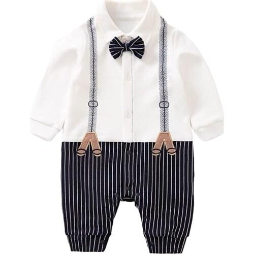 Newborn Baby Boy Rompers Clothes Full Long Sleeve Jumpsuit Overalls With Bow Tie Toddler Gentleman Style Infant Clothing Outfit
