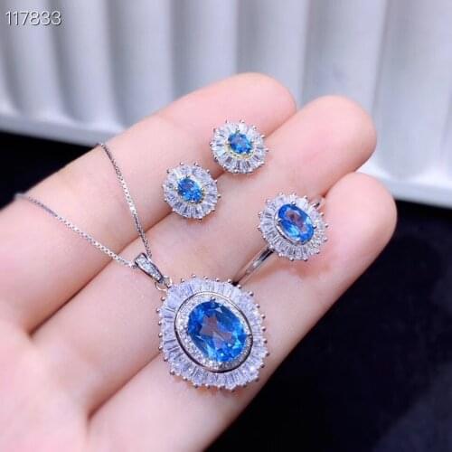 KJJEAXCMY fine jewelry natural blue topaz 925 sterling silver luxury girl new gemstone pendant earrings ring set support test