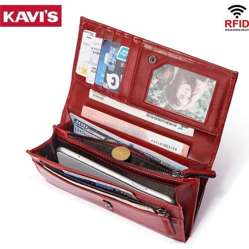 KAVIS 100% Genuine Leather Women Wallet Long Female Coin PurseHandbag Clutches Money Bag Laydies Cell Phone Handy Bags Walet