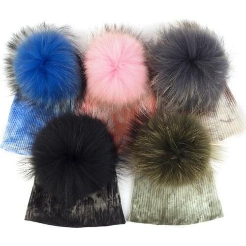 Colorful Tie-dye Real Pompom Fur Beanies Newborns Keep Warm Threaded Hat Girls Boys Warm Winter Knitted Hat Fashion Soft Cap