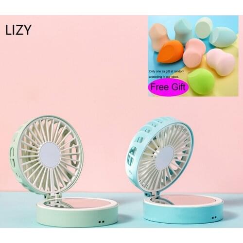 LIZY Travel USB Makeup Mirror with Fan Cosmetic Mirror Mini Pocket Bag Fan Mirrors 800mAh Portable Sports Fan Hand Air Cool