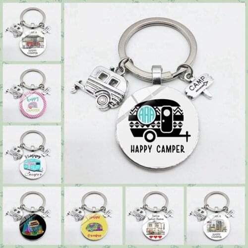 Best Selling Models Go Camping Cute Wagon Keychain Signposts To Travel Car Keychain Round Glass Keychain Gift