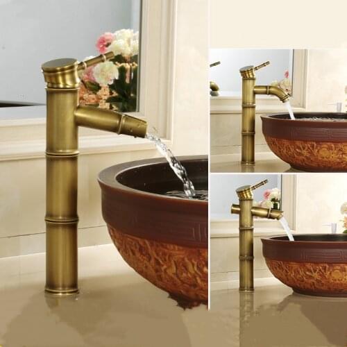 Retro Copper Bamboo Faucet Above Counter Basin Antique Faucet Hot and Cold Water Tap Bathroom Washbasin Faucet Shower Faucet Set