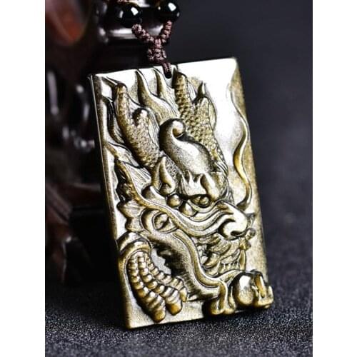 Natural Golden Obsidian Chinese Dragon Necklace Pendant Hand-carved Golden Dragon Gemstone Necklace Mens Lucky Amulet Pendant