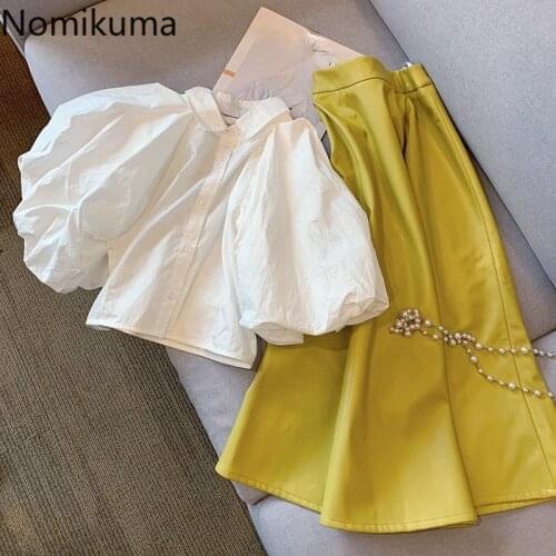 Nomikuma Sweet Skirt Sets Puff Sleeve Elegant Turn-down Collar Blouse + High Waist A-line Skirts 2021 Summer Korean Suits 6J205