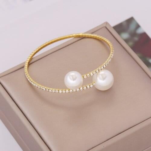 Single Rows Pearl Bracelet Full Rhinestone Inlaid Open Cuff Adjustable Stretch Bracelet for Best Friends Sisters LL@17
