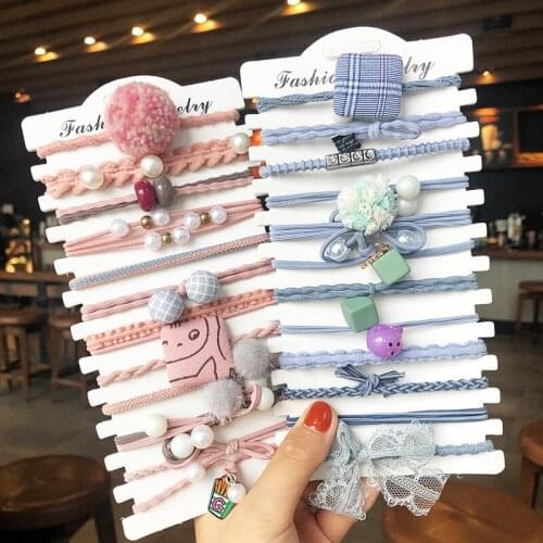 12PCS/Set Flowers Round ball Simple Foundation Hair Circle Lace Bow Pink Blue Girls Womens Hair Rope Pearl Hair Bands HeadWear