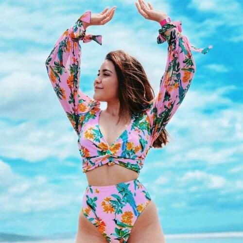 Chiffon Long Sleeves High Waist Swimsuit 2021 New Push Up Beachwear Summer Style Swimwear Bathing Suit Tropical Bathing Suit