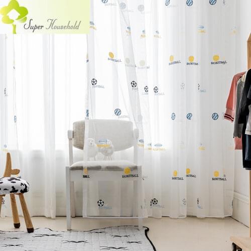 Cartoon Football Embroidered Childrens Bedroom Curtains Tulle Boys Sheer for Living Room White Voile Window Screen Drapes