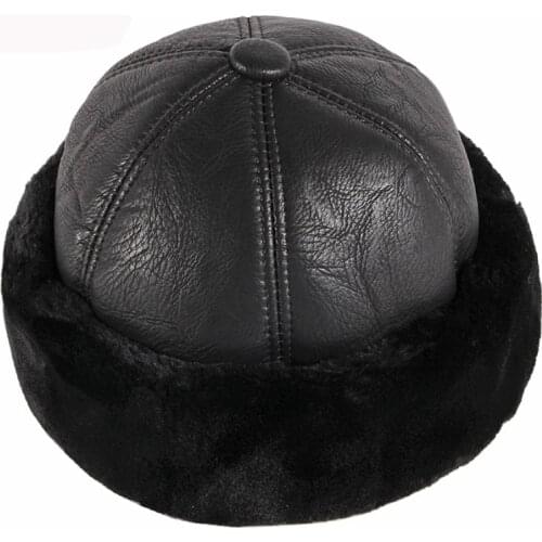 Hat Thick Warm Winter Hat Men Black Fur Leather Russian Bomber Hat Male Windproof Snow Ski Russian Cap Fleece Lined Dad Hat
