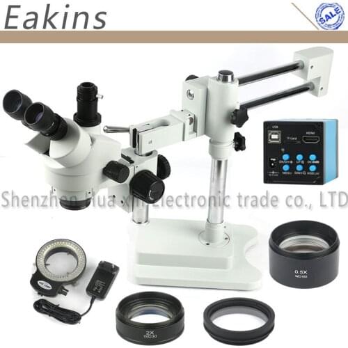 Simul-focal 3.5-90X Trinocular Stereo Zoom Microscope Double Boom Stand 16MP HDMI USB Industrial Microscope Camera 144 LED Light