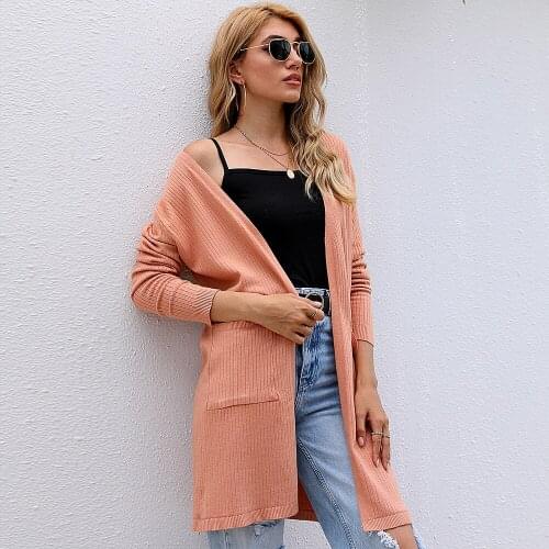 Urifens Haut Femme Lazy Style Long Sweater Coat 2021 Autumn Winter Long Sleeve Casual Solid Color Pocket Knitted Cardigan BW12U