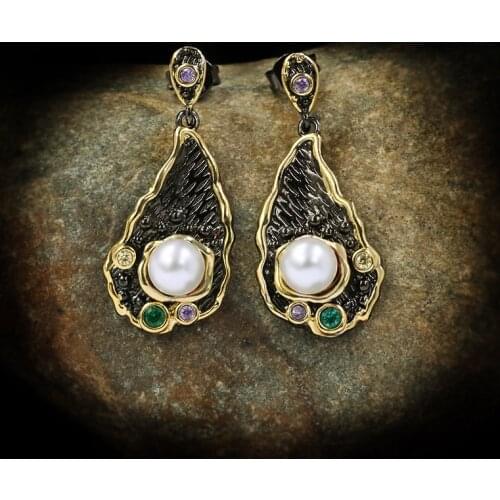 CHARLINLIOL Vintage Leaf Freshwater Pearls 925 Silver Dangle Earrings for Women Wedding Retro Black Gold Earrings Italy Jewelry