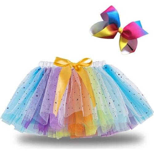 Kids Baby Multicolor Mesh Tutu Skirt Girls Star Patterns Elastic High Waist Bubble Skirt with Bowknot Hair Clip