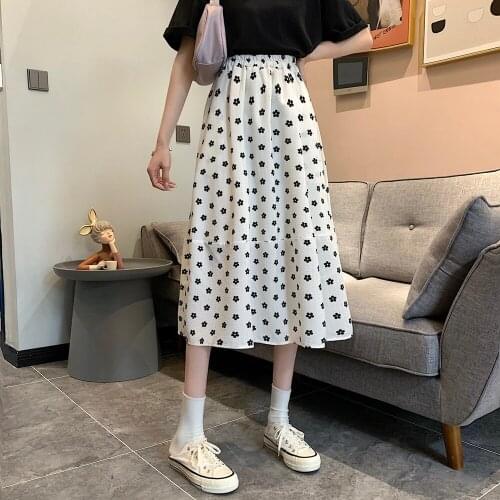 Mid Length Long Skirts for Women 2021 Summer Fresh Floral High Waist A-line Korean Fashion Ladies Elastic Waist Holiday Skirts
