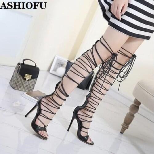 ASHIOFU Handmade Hot Sale Ladies High Heel Sandals Cross-straps Sexy Club Thigh High Shoes Evening Dance Fashion Sandals Shoes
