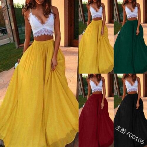 2021 Women Chiffon Long Skirts Elastic Waist Pleated A-line Maxi Skirts Beach Boho Vintage High Waist Summer Skirts Faldas Saia