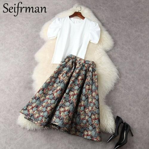 Seifrmann New 2021 Summer Women Fashion Runway Designer Skirts Set Puff Sleeve White T-Shirts + High Waist Midi Jacquard Skirts