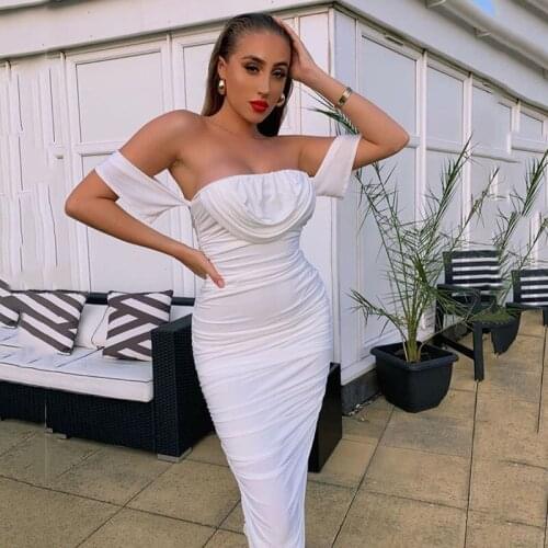 Echoine Solid Slash Off Shoulder Pleated Stacked Midi Dress Ladies Party Club Vintage Vestidos Summer Skinny Elegant Sundress