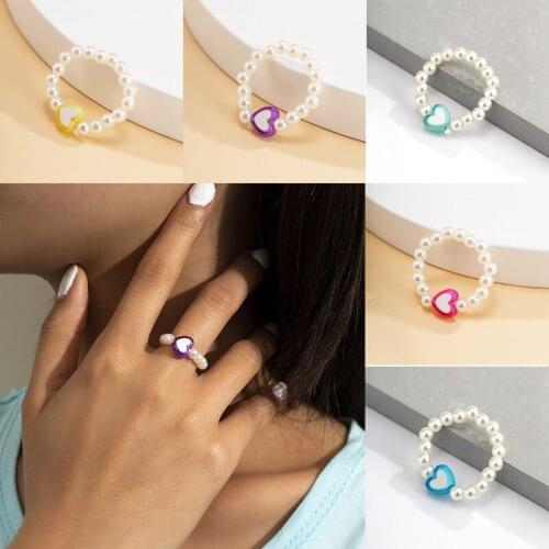Bohemian color acrylic ring imitation pearl beaded ring womens heart-shaped adjustable ring jewelry gift wholesale 2021 new