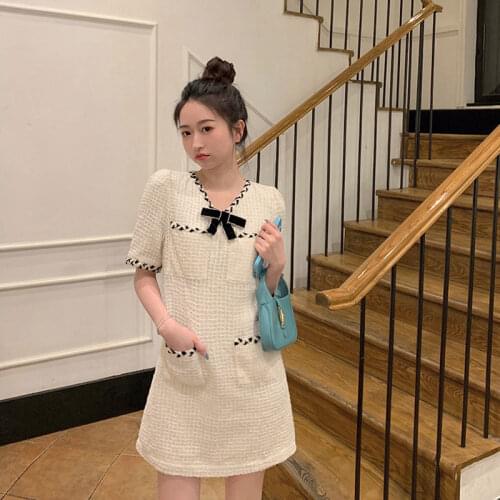 White Plaid Summer Mini Dress Women V-Neck Bow Short Sleeve Casual Elegant Vintage Party Dress Short Sleeve White Dress Z822