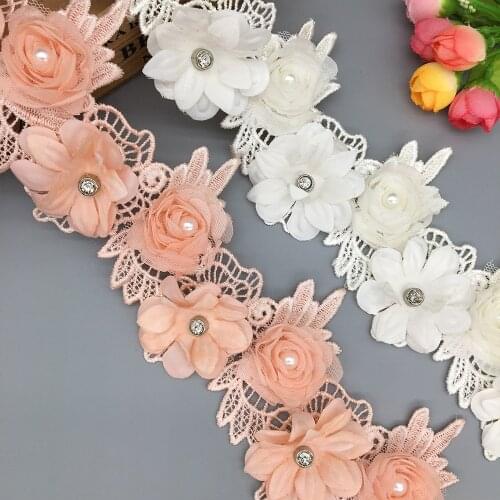 1 yard Apricot and Pink Polyester Flower Rhinestone Embroidered Lace Trim Ribbon Wedding Sewing Supplies Craft For Apparel Decor