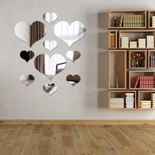 10pcs Acrylic Sliver Love Heart Mirror Stickers 3D Love Hearts Mirror Sticker Decal Modern Home Wall Art DIY Decorative Mirror