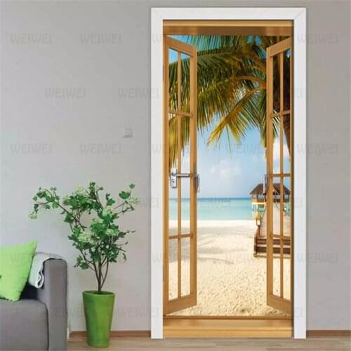 2 Pcs/Set 3D Beach View From The SeaStickers Door Wall Sticker DIY Mural For Room Home Decor Poster PVC Waterproof Door Sticker
