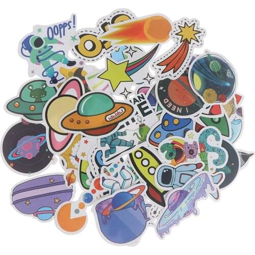 50Pcs/lot Cartoon Rocket Flying Saucer Space Planet Stickers Laptop Luggage Guitar Skateboard Decals