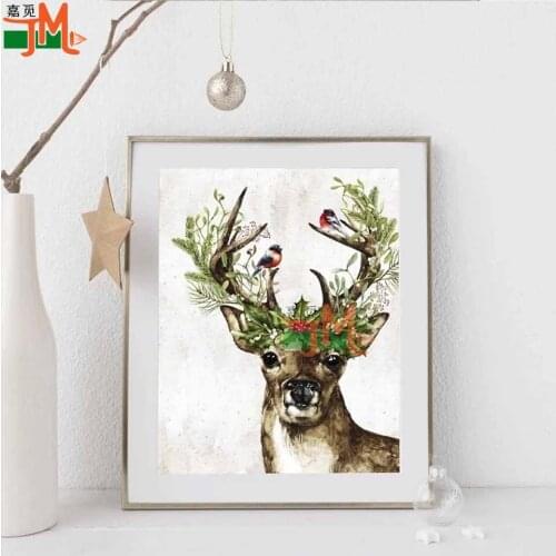 5D Diamond Painting Mosaic Art Woodland Animal Deer Print Winter Holly Berries Diamond Embroidery Beaded Christmas Holiday Decor