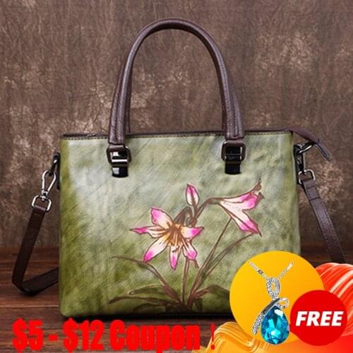 CGA Genuine Leather Retro Embossed Handbags Crossbody Bags For Women 2021 New Large Capacity Cowhide Fashion Floral Totes Bag