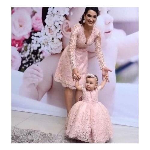 Long Sleeve Lace Baby Kid Dresses Flower Girls Pink Dress Mother Daughter Pink Lace Birthday Dress Pageant Pink Lace Dresses