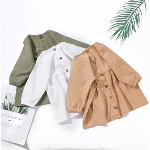 2021 new childrens clothing baby solid color cotton and linen long-sleeved girl long-sleeved buttoned pleated dress