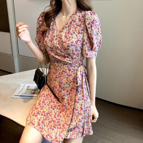 Modern Kimono Summer Japanese Style Puff Sleeve Floral Printing V-Neck Slim Thin Bow Lacing Dresses Fashion Sweet Girls Yukata