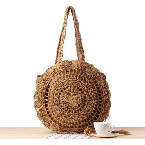 Hand-woven Round Hollow Womans Shoulder Bag Handbag Bohemian Summer Straw Beach Designer Travel Shopping Female Tote Wicker Bag