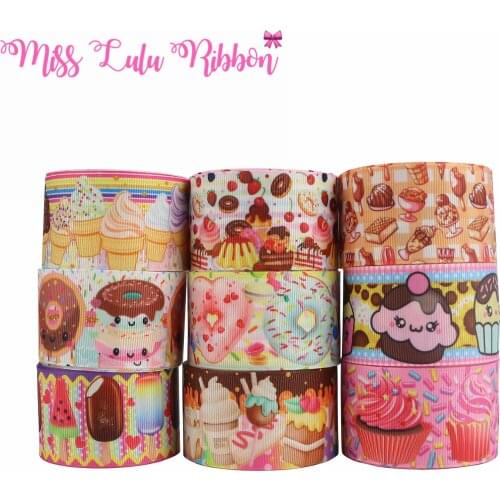 16mm-75mm Ice Cream Cupcake Donuts Printed Grosgrain/Foe Ribbon Lace Jeans Love DIY Festival Hair Bowknots 50yards/roll