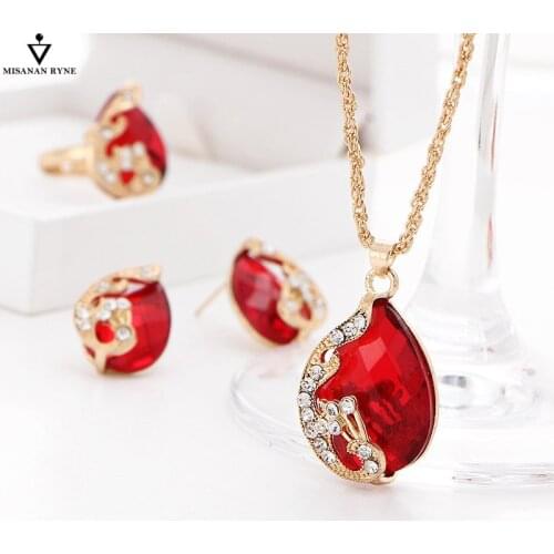 MISANANRYNE Fashion Crystal Water Drop Peacock Three Piece Necklace Earrings Ring Five Color For Ladies Jewelry Sets Accesories