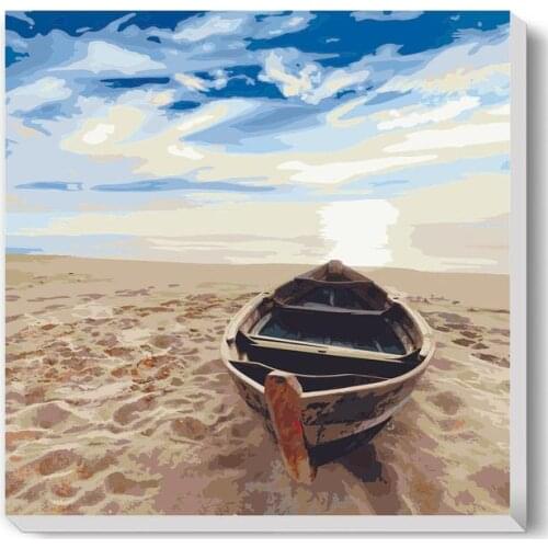 Boat on Beach DIY Paint By Numbers Kit for Adults, Coastal Style Oil Painting Framed Canvas Wall Art, Sunset Landscape Seascape