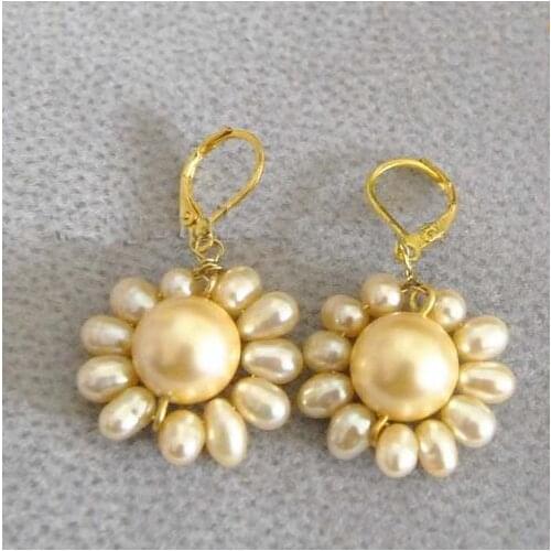 New Favorite Real Pearl Earrings Gold Cultured Pearl Sea Shell Sunflower Gold Dangle Earrings Wedding Jewelry Lady Gift