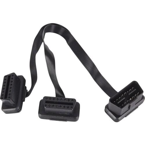 Flat 16Pin ELM327 OBD2 Male To Dual Female Y Splitter Elbow Extension Cable Lead