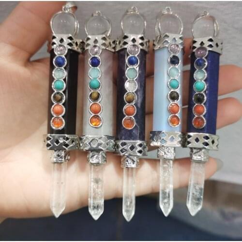 Silver Plated Natural Stone Amethysts Pink Crystal Pendulum Charms Reiki Healing 7 Chakra Beads Crystal wand Point Pendants
