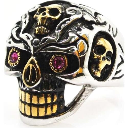 Size 8-13 stainless steel red eyes skull biker rings rock and roll skeleton heavy motorcycle club cool mens ring fashion