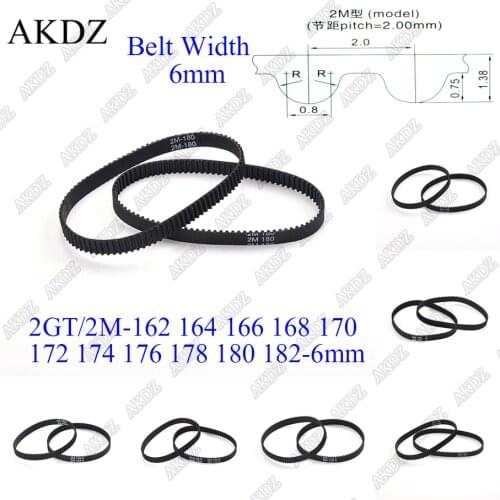 2MGT 2M 2GT Synchronous Timing belt Pitch length 162 164 166 168 170 172 174 176 178 180 182 width 6mm Rubber closed