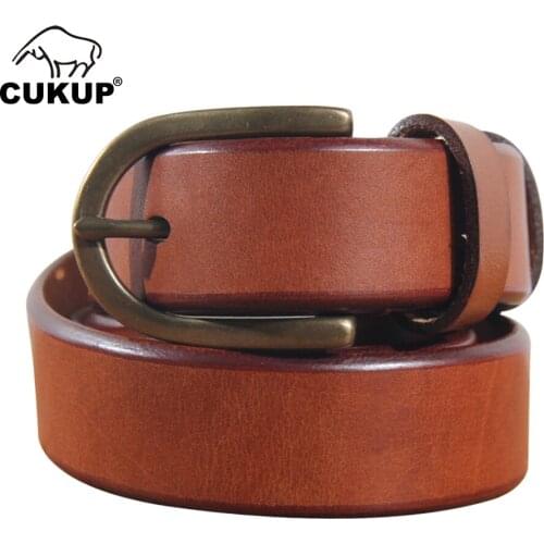 CUKUP Mens Top Quality Cowhide Belts Retro Brass Pin Buckle Belt for Men Fancy Leather Vintage Jean Accessories 3.3cm NCK1025